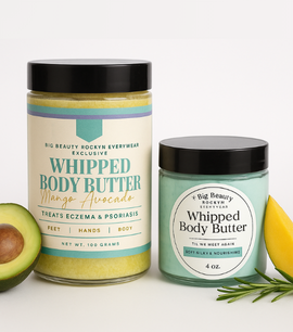 Two jars of Natural Skincare Line whipped body butters, featuring Mango Avocado Swirl and a soothing hydrating blend, perfect for nourishing and moisturizing skin.